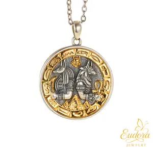 Eudora S925 Sliver Egyptian Necklace, Anubis & Horus God Pendants, Two-Tone Gold Eye of Horus Ankh Amulet,  Mythology Jewelry, Guardian  Hieroglyphics   Gift