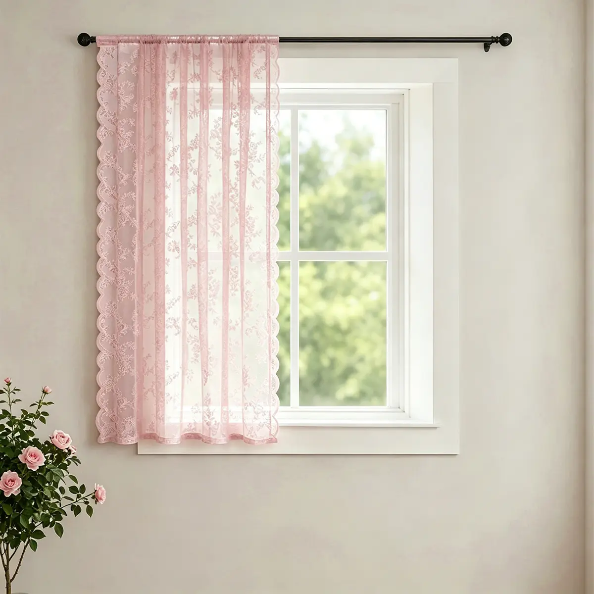 1pc French-style vintage lace curtains, with wave-like borders, for bedrooms / Slender semi-transparent curtains for bay windows, decorative curtains for small windows without holes