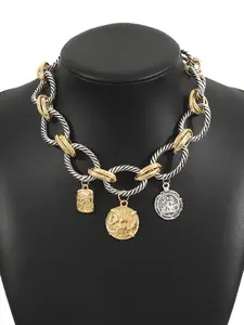 Bohemian Style and Twisted Chain Necklace with Vintage Coin Pendant, Alloy Material Pendant Jewelry for All Seasons, Punk Fashion Accessory, Dainty Layering Jewelry, Streetwear Statement Jewelry, Fashionable Accessory