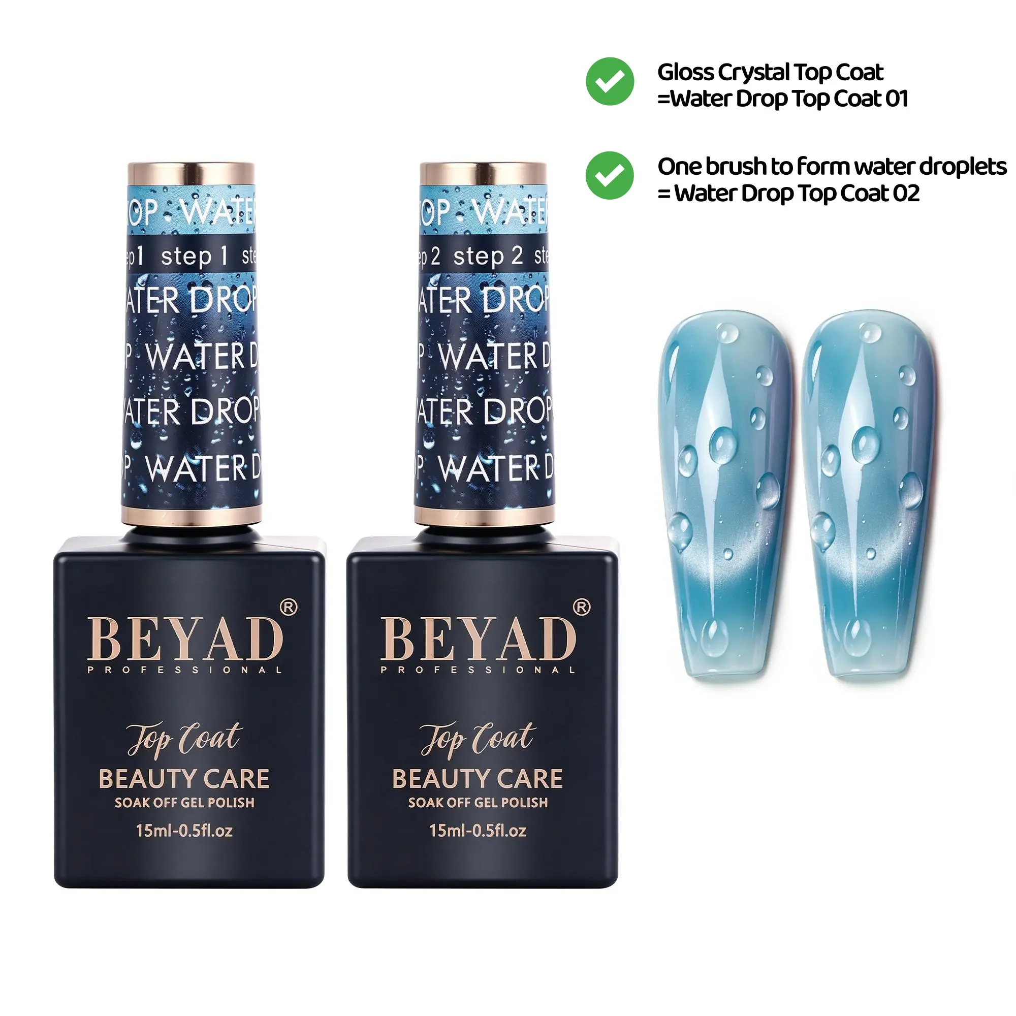 beyad Water Drop 3D Effect Gel Top Coat, Non-Wipe Glossy Finish, Long-Lasting Soak-Off Gel Nail Polish, UV/LED Compatible, 10ml 2-Bottle Set, Long Lasting Nail Polish, Aura, Animals, Cartoon, Ballerina, Gel Nails At Home