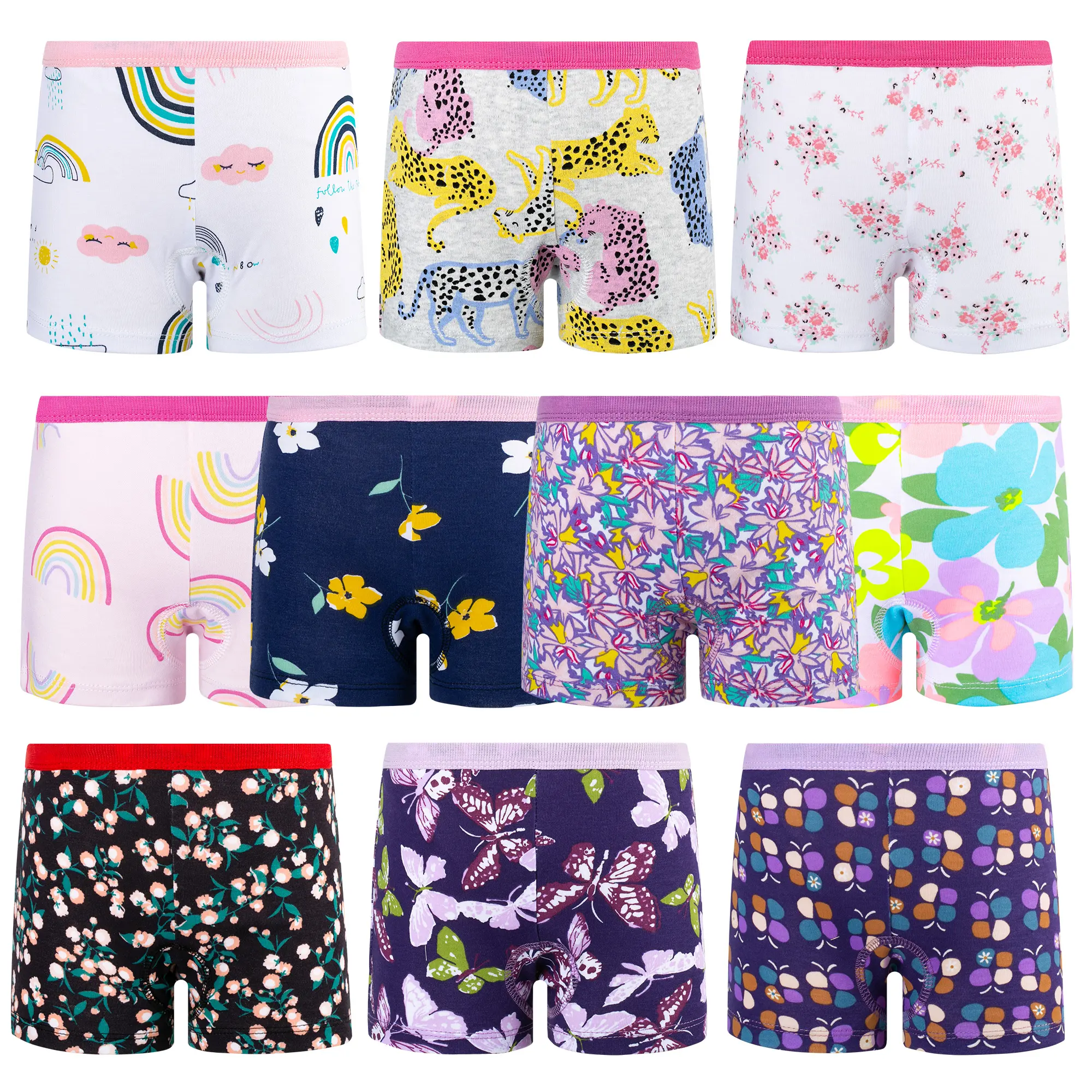 BIG ELEPHANT Girls Underwear 10 Pack 100% Cotton Soft Breathable Boxer Briefs for Toddlers and Kids Sizes 3T-10Y, Cute Rainbow Prints