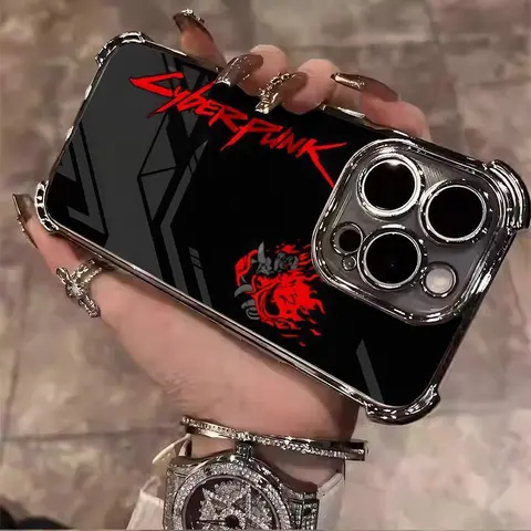 Cyberpunk Flame Logo Metal Electroplated 360-Degree Heavy Duty Protection Casing, Shockproof Soft Full Coverage Anti-Drop Shell for iPhone 17/16/15/14/13/12/11 Pro Max Plus Mobile Phone Accessory (018)