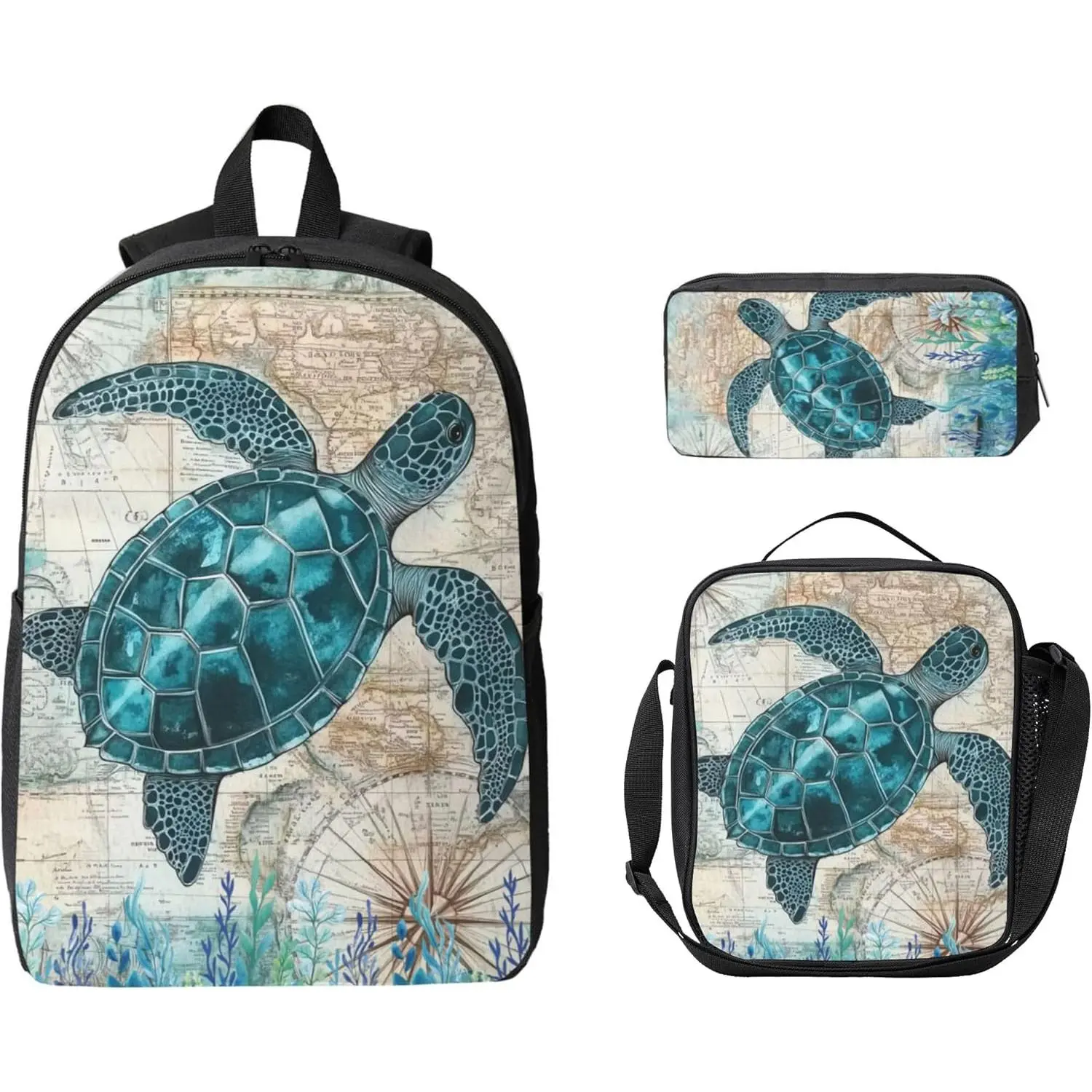 Sea Turtles  Backpack Set with Lunch Bag & Pencil Case Large Capacity School Bag 17 Inch Bookbag for Boy Girl