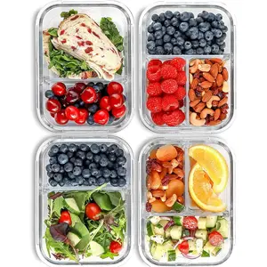Glass Meal Prep Containers 2 & 3 Compartments - Portion Control Lunch Container Set, Food Storage with Airtight Lids, Oven & Freezer Safe, Leak-Proof Bento Box, 32 oz, Blue, 4 Pack