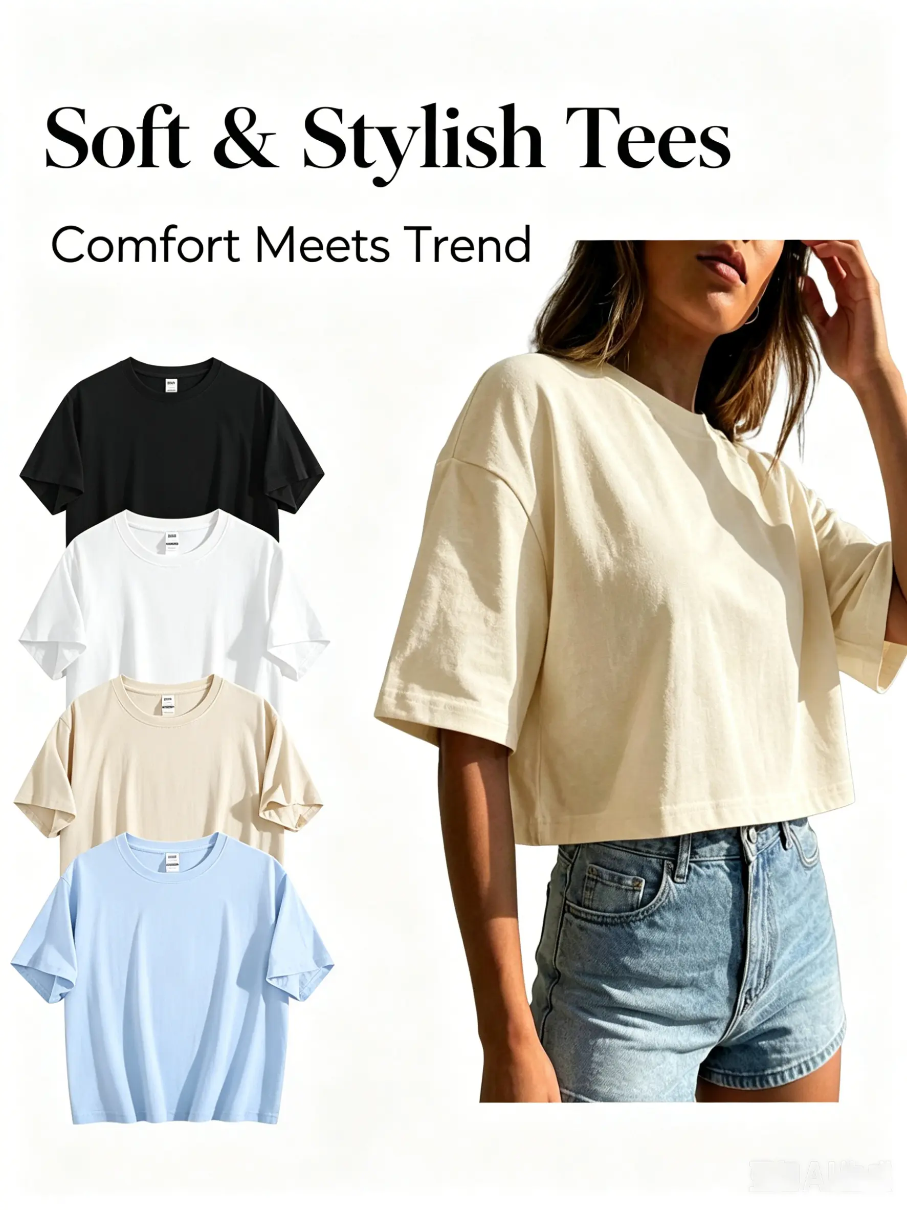 Women's Casual 100% Cotton Crop Top, Oversized Loose Boxy Fit Tee, Short Sleeve Round Neck, Comfy Streetwear for Summer, Wardrobe Staples, Crop Tops For Women, Comfy Casual, Fabric, Boxcut Women's T-Shirts