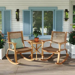 2 Pack Outdoor Rocking Chair Set, Acacia Wood & Wicker Patio Rockers, Comfortable Rocking Chairs for Backyard/Garden/Poolside, Natural Swing Chair,summervibes