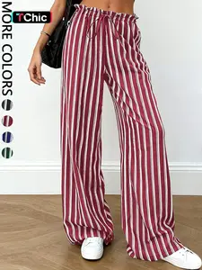 Women's Casual Loose Fit Elastic Waist Belted Striped Long Pants Wide Leg Trousers for Daily Commuting Everyday Casual Lounge Pant