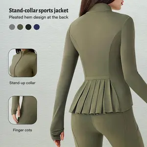 Women's Zipper Sports Jacket Pleated Design Lightweight Slim Fit Stand Collar with Thumb Holes Sporty Style Breathable Outerwear Gym Workout Set