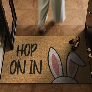 2D Flannel 1pc   Easter Bunny "HOP ON IN" Pattern Doormat, Rustic Style Indoor/Outdoor Non-Slip Mat, Machine Washable Quick-Dry Door Mat, Suitable for Kitchen, Dining Room, Hallway, Bathroom, Bedroom, Outdoor, Doorway, Home Decor, Room Decor,