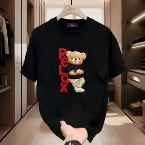 Men's Pure Cotton 'Fashion Cool Rest Bear' Print T-Shirt – Featuring simulated embroidery print design, this soft and comfortable crew-neck T-shirt is suitable for daily outings, leisure relaxation, and short-distance travel as men's upper clothing.