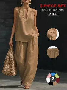 2026 European Style Chic Home Wear Set, Casual Linen Breathable Halter Two-Piece Suite, Summer Deep V Sleeveless Top + High-Waisted Wide Leg Pants