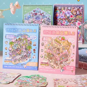 3D DIY Miniature World Set, Scene Card Paper, Stickers, and Background Cards, Decorative Sticker Album, Gift Packaging Set, 3D Cartoon House DIY Landscape Decoration Sticker Book, DIY Craft Kit