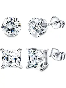 2Pairs Hypoallergenic Black Stud Earrings for Men Women 316L Stainless Steel Square Round CZ Mens Earrings Studs Jewelry Set for Sensitive Ears 3-8MM Black Silver Earring Stacking Set