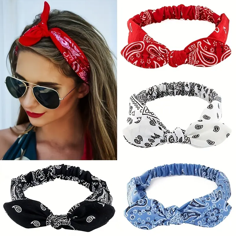 Women's 4pcs Chic Rabbit Ear Knotted Headbands - Elastic, Multi-Color Hair Bands with Steel Wire for Sports & Outdoor Use