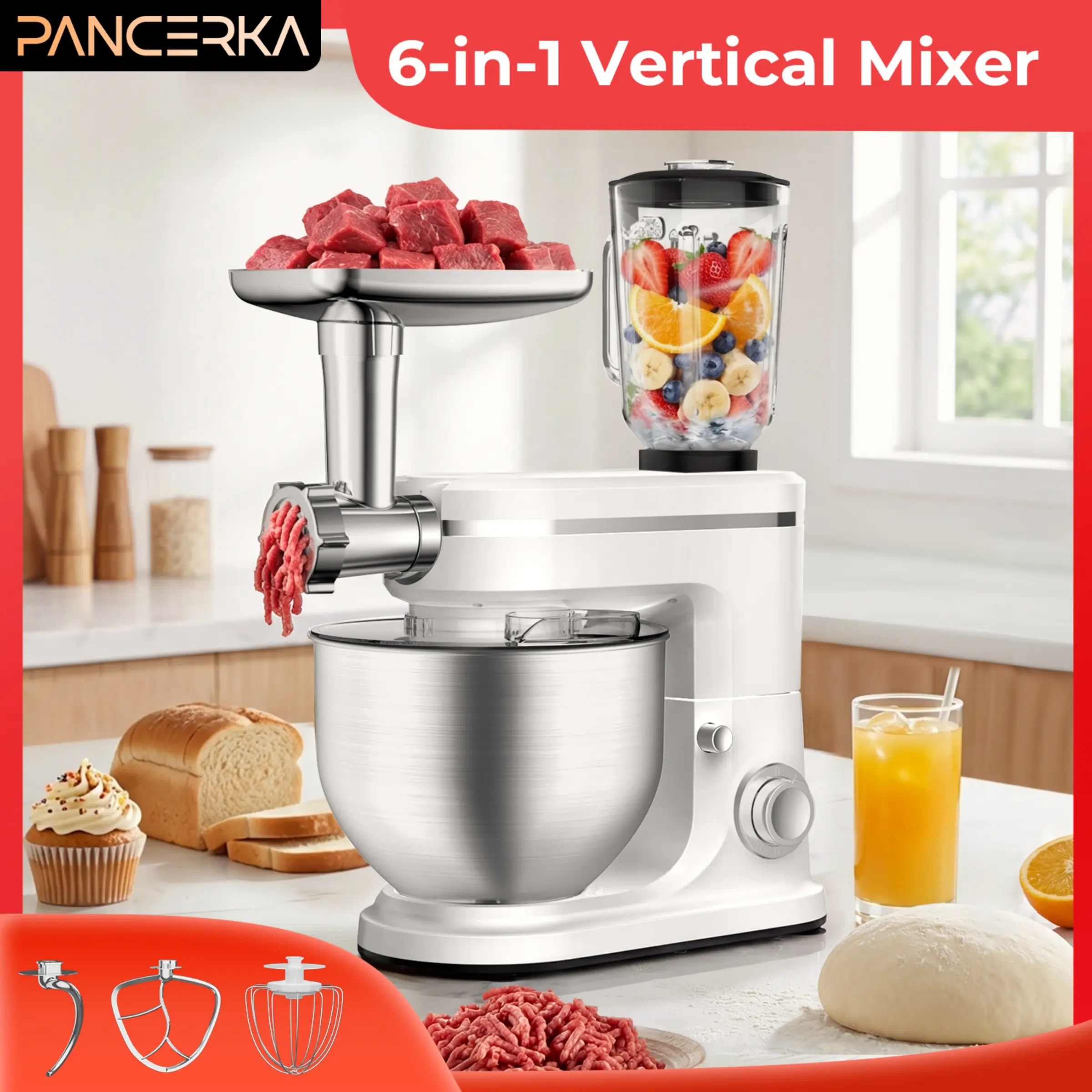 6.3 QT 6-Speed Electric Stand Mixer, Kitchen Dough Mixer with 6-in-1 Multifunction, Includes Dough Hook, Whisk, Blender Cup, Flat Beater, Batidora Eléctrica