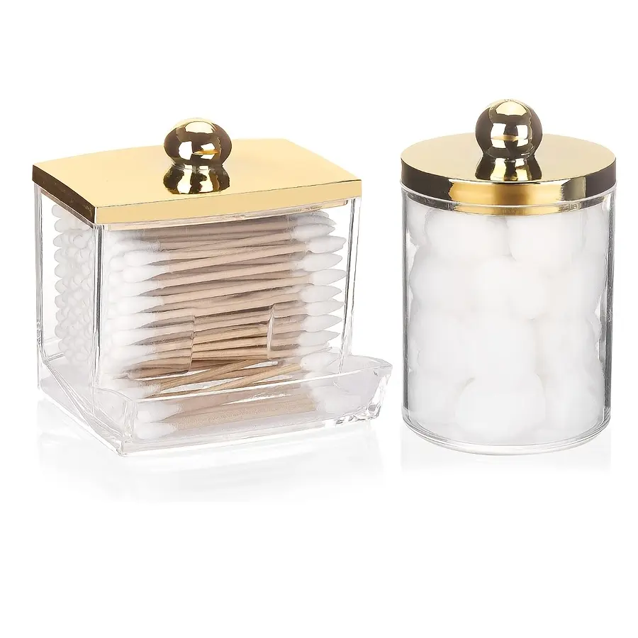 1/2 Pack Qtips Dispenser, Bathroom Organizers and Storage Containers, Bathroom Organizing Accessories, Home Organizer Jar, Plastic Apothecary Jars with Gold Lids for Makeup Ball, Qtips Swab, Round Pads, Floss