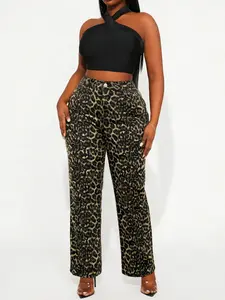 Plus Size Leopard Print High Waisted Jeans, Fitted Straight Leg Denim Jeans with Practical Pockets, Casual Fashion All Seasons Wear