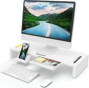 Monitor Stand Riser, Foldable Computer Monitor Riser, Adjustable Length Computer Stand with Storage Drawer & Pen Slot, Phone Stand Save Space (White)