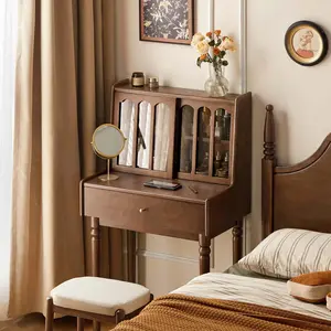 YESWOOD Vintage Vanity Desk, Solid Rubber Wood Dressing Table, Vintage Dressing Table Vanity Desk for Bedroom, Walnut, 23" D x 18" W x 48" H