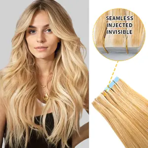 YILITEHAIR #P27/613 Strawberry Blonde Bleach Blonde Invisible Tape In Extensions  Virgin Human Hair Long Straight 14-16In 20Pcs