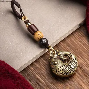 Solid Brass Lucky Fish Keychain Pendant, Retro Hand Braided Paracord Lanyard, Auspicious Wealth Blessing Hanging Charm, Vintage Fashion Mini Accessory for Car Key Bag Decoration Daily Use & Nice Gift