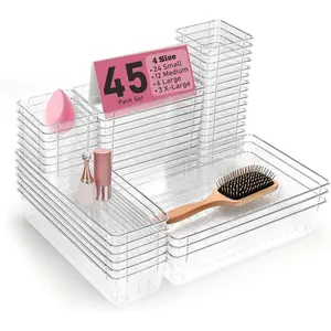 Clear Plastic Drawer Organizers Set of 45 Vanity Organizers Stackable Storage Bins Dividers Bathroom Organizers Storage Vanity Organizer Bins for Makeup, Kitchen Utensils, Jewelries, Office
