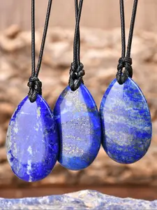 Vintage Lapis Lazuli Pendant Design Necklace, Fall Winter Large Teardrop Natural Stone Adjustable Chain, Handmade Retro Jewelry