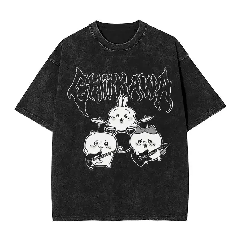 Heavy Metal Chiikawa Usagi Hachiware Washed T Shirts Streetwear Hip Hop Vintage T-Shirts Tee Shirt for Men Women Cotton Oversize Menswear Top Round Neck Festive