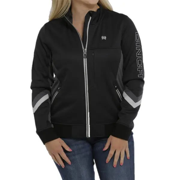 Cinch® Lady's Black Bonded Fleece Long Sleeve Graphic Bomber Jacket, Women's Sportswear Outerwear MAJ9843001