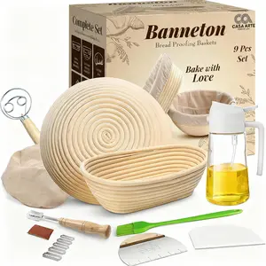 Sourdough Bread Baking Supplies Kit with 2 in 1 Oil Dispenser bottle for Kitchen Gadgets, (One Oil Bottle Free Gift) Danish Dough Whisk, Bread Lame, Proofing Baskets 10 inch Round & 9 Oval, Dough Scrapers, Cooking Brush, 16oz/470ml Glass Olive Oil Sprayer
