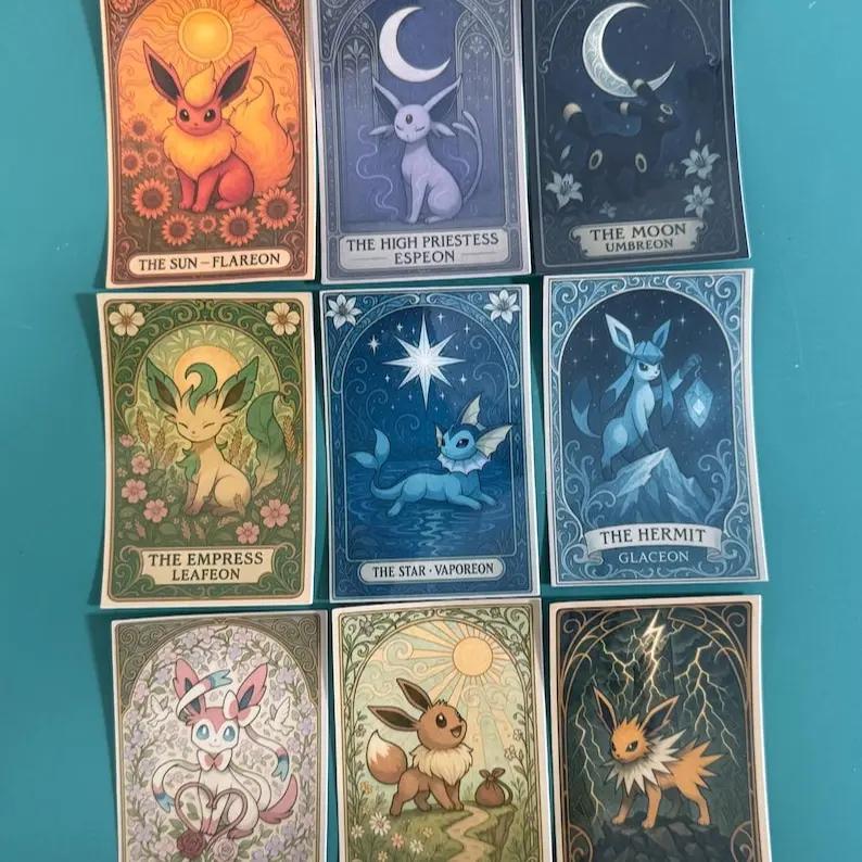 Eeveelution Tarot Stickers Glossy, Sylveon, Vaporeon, Jolteon, Flareon, Espeon, Umbreon Laptop, Tumble or Mug, Car Car Decals Decal Set