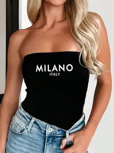 Women's Strapless Tube Top, Camisole, Ribbed Knit Fabric with "MILANO ITALY" Letter Print, Slim Fit, Sleeveless Bandeau Bodysuit, Trendy Y2K Streetwear, Versatile for Club, Party, Casual Daily Outfits, Summer Essential Fashion Top