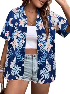 Women's Plus Size Hawaiian Shirts Short Sleeve Casual Floral Button Down Shirt Tropical Beach Blouse Summer Top