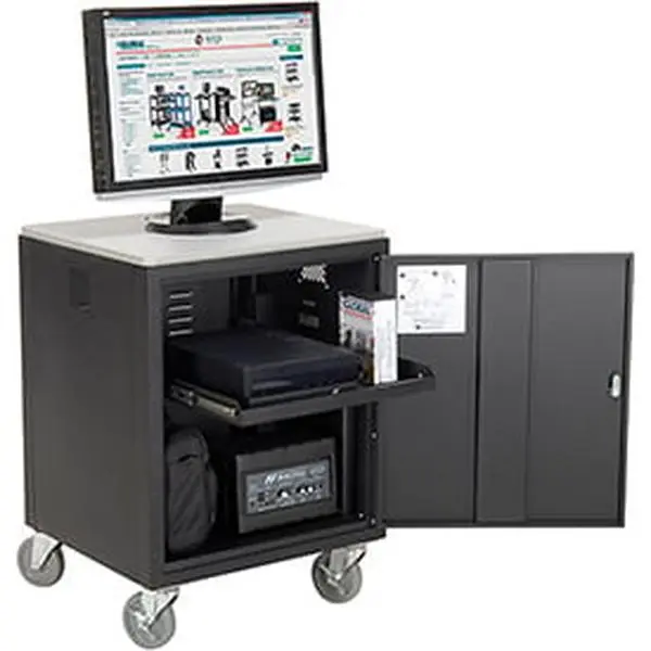 Global Industrial 241659BK Unassembled Steel Frame Security Audio Visual Trolley, Black - Cable Vent, 2 with Brakes, 25"w x 23"d x 34"h, Convenient Ports for Cord Control, Extra Cargo Protection, 500 lbs Capacity