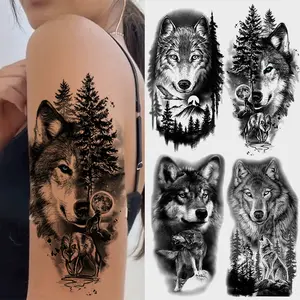 4 Pcs Wolf Temporary Tattoo Stickers, Peel Off Tattoo, Tattoo Paper, Realistic Waterproof Sweatproof Forest Moon Design, Arm Leg Half Sleeve Fake Tattoos