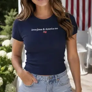Loves Jesus And America Too Baby Tee, Faith And Freedom Print Baby Tee, 4th Of July Womens, Patriotic Bella Canvas Ribbed Tee, Gift For Her, Available In Sizes XS–2XL, Apparel Made In The USA