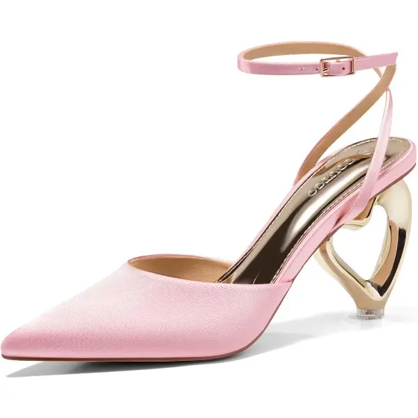 Coutgo Womens Kitten Heels Closed Pointed Toe Heart Heel Ankle Strap Satin Pumps Wedding Prom Dress Valentine Shoes
