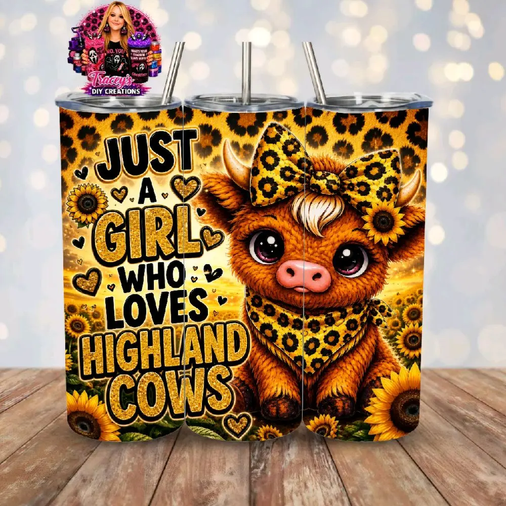 20 Oz Reusable Stainless Steel Sublimated Tumbler - Yellow Leppard Print, Girl Highland Cow Design, Metal Straw - Water Bottle, Beverage Cup