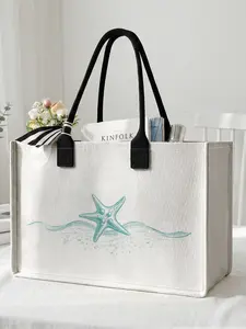 1 piece of starfish pattern 2D printed large capacity storage bag, extra large storage bag, sturdy handle, space-saving multi-purpose, suitable for going to school, traveling, shopping, Summer Bags, Beach Bags, Tote Bag