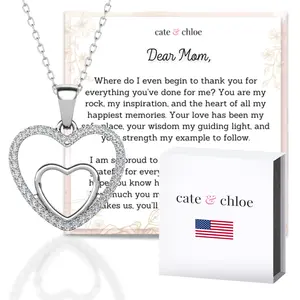 Amorette 18k White Gold Plated Double Heart Pendant Necklace with Simulated Diamond Crystals & Sentimental Message for Mom