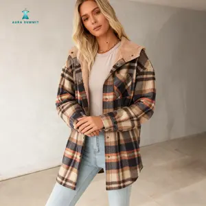 Women's Flannel Hooded Plaid 2025 Shacket Thick Coat Fall and Winter Coat for Warmth Button down Warm and Fuzzy Fleece Jacket Casual mid length checkered jacket for women fleece jacket women cross-border loose cardigan, lapel shirt jacket