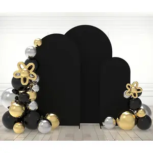 Black Wedding Arch Cover Set of 3, Spandex Fitted Arch Backdrop Cover for Photo, Round Top Chiara Stand Cover for Birthday Baby Shower Background Decoration(5FT/6.6FT/7.2FT)