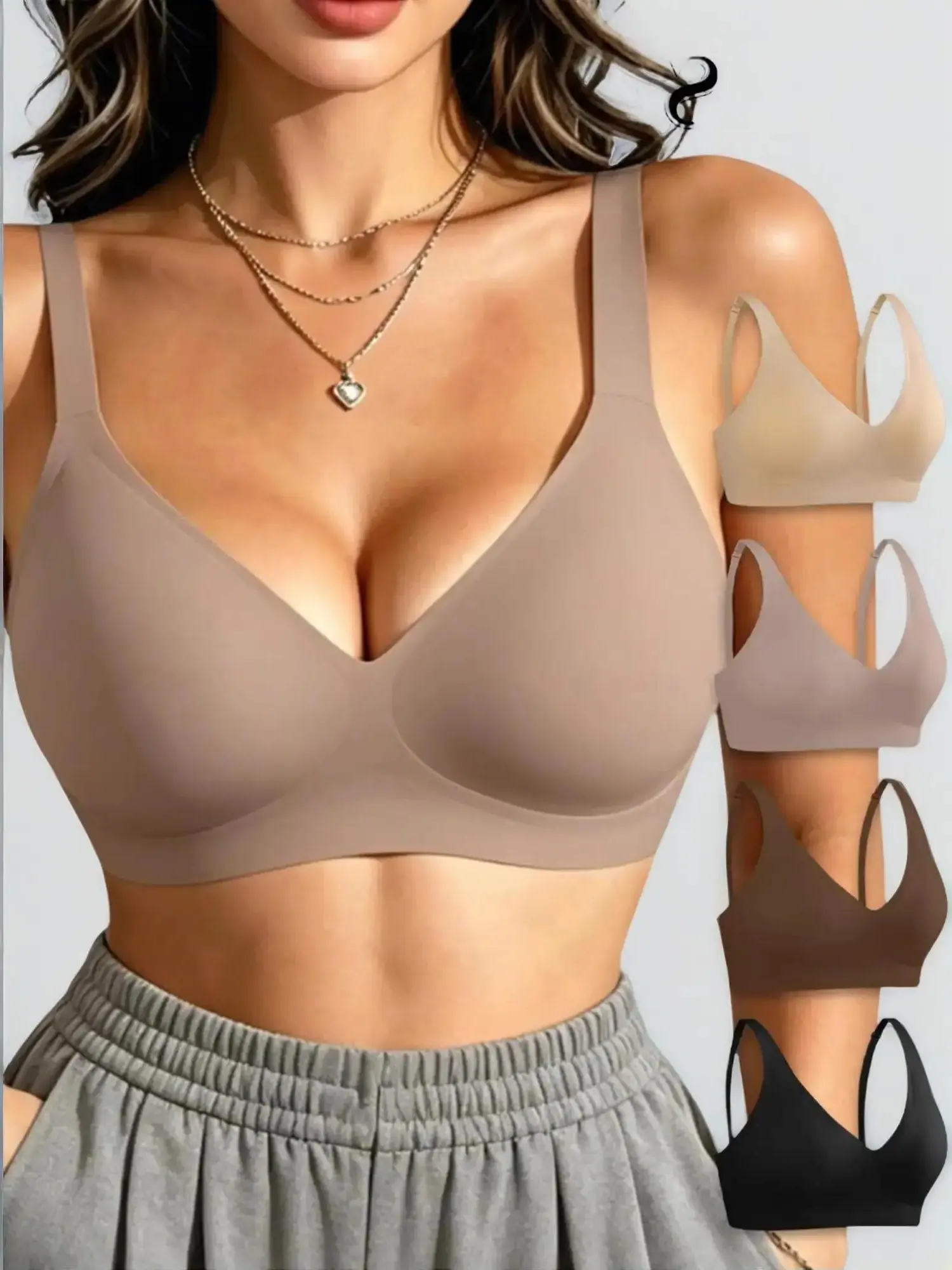 4Pcs Women's Jelly Wireless Bralettes - Basic, Deep V, Breathable Push-Up T-Shirt Bras, Seamless Multiway Everyday Summer Lingerie, Elegant Plain Style Nightwear Gift for Women, Push Up Bras For Women