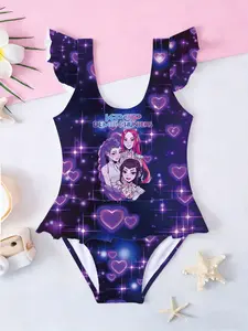 Girls' One-Piece Swimsuit, Swimwear, Kpop Girl Group Print Heart Pattern Starry Background Same Color Flutter Sleeves Ruffle Pool Beach Dreamy Style