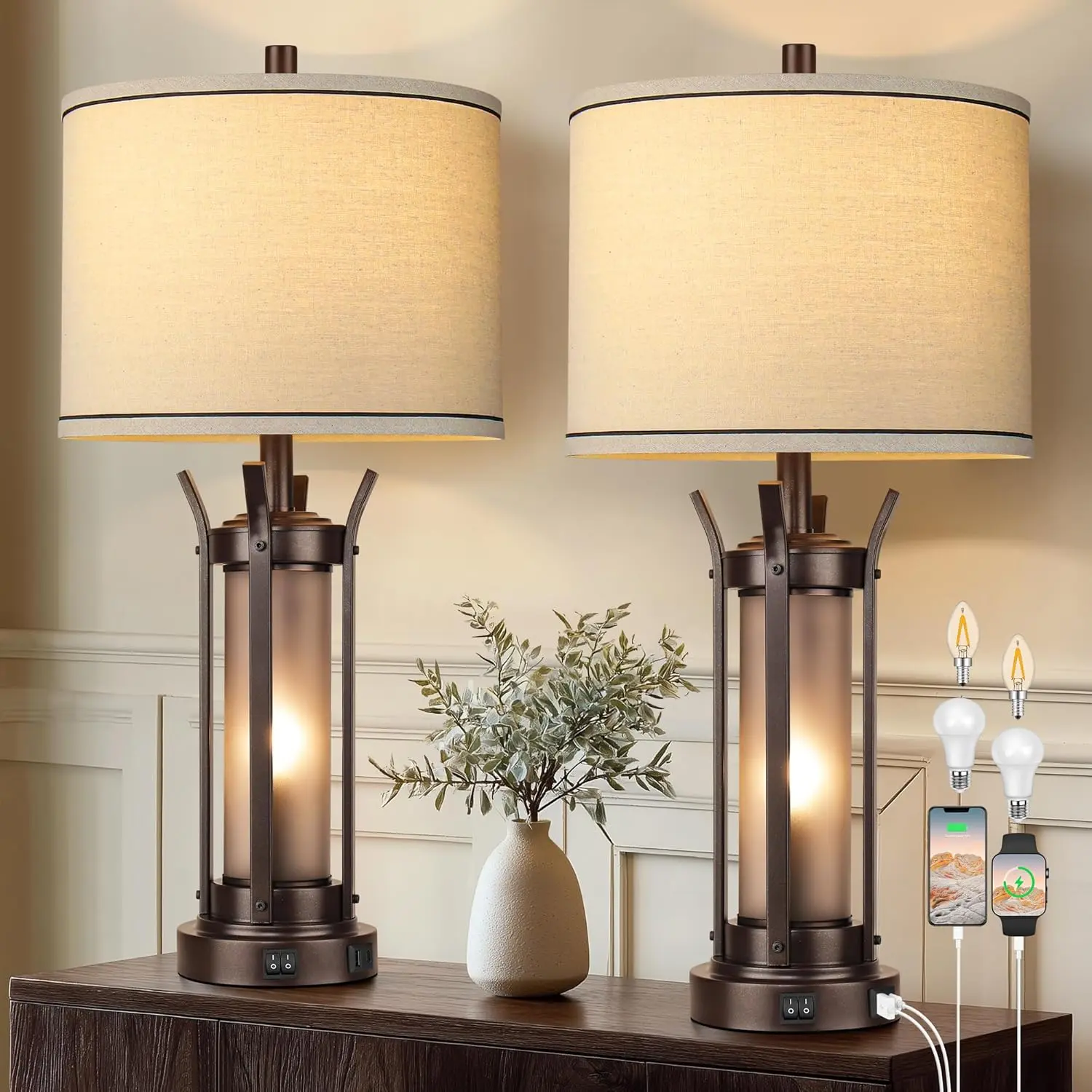 Farmhouse Table Lamps Set of 2 for Living Room, Beside Lamps for Bedroom with USB A+C Charging Ports, Rustic Nightstand Lamp with Frosted Glass Night Light, 4 Bulbs Included (Oil Rubbed Bronze)
