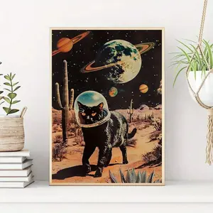 [Vintage Space Astronaut Poster] Vintage Space Astronaut & Black Cat Canvas Art Print, Art Deco Modern Retro Style Animal Theme Poster, Optional Frame Ink Wall Hanging Decor, For Living Room Decor, Bedroom Decor, Home Office Decor, Bathroom