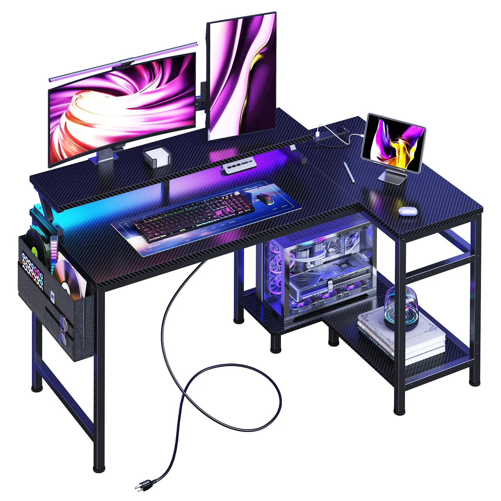 Gaming Desk with LED Lights and Charging Station, Computer Desk with Monitor Stand and Storage Rack, Heavy Duty Desk for Gaming Setup