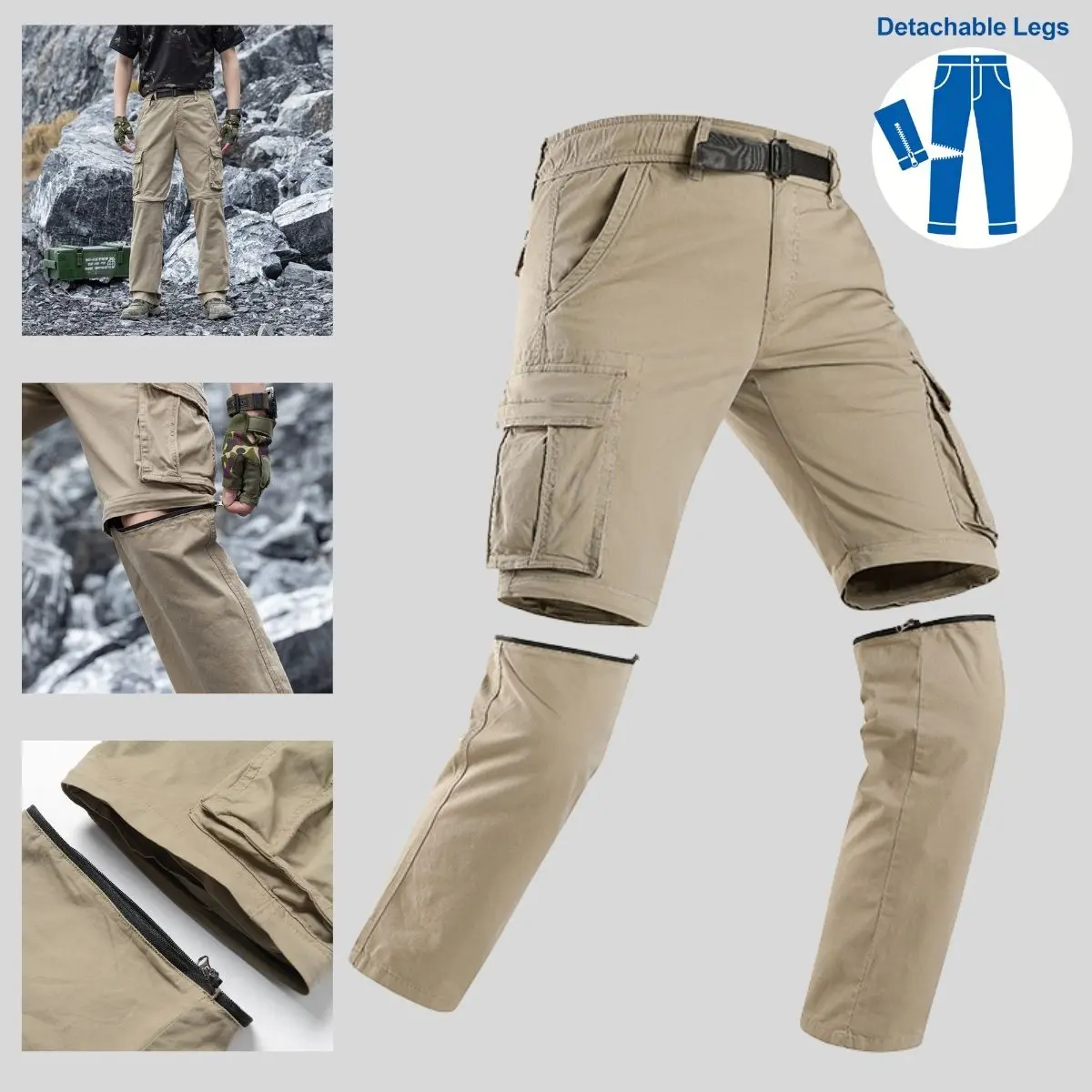 Multi-Size Men's Detachable Cargo Pants - Menswear All-Seasons Outdoor Hiking Trousers with Multi-Pockets, Convertible to Long or Short Lengths, Casual Style, Multi-Size Men's Pants