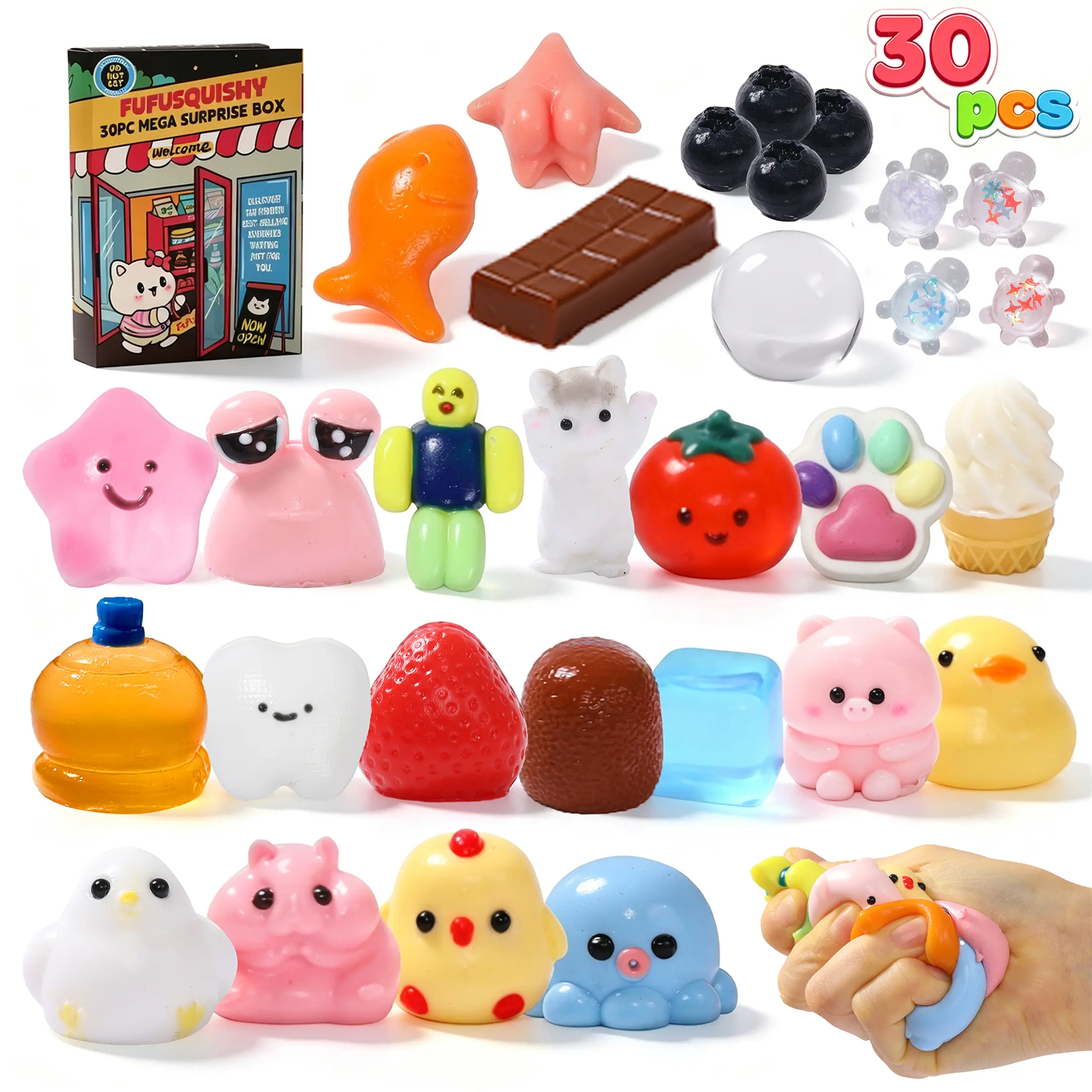 FUFUSQUISHY 30PC Squishies Set, Handcrafted Slow Rising Sensory Fidget Toy, Cute Anxiety Stress Relief Squeeze Decompression for Kids and Adults, Mini Mega Rainbow Squishy, for Ages 3+, Holiday Gift, Birthday Gift, Christmas Gift, Kids Love, Toy Set