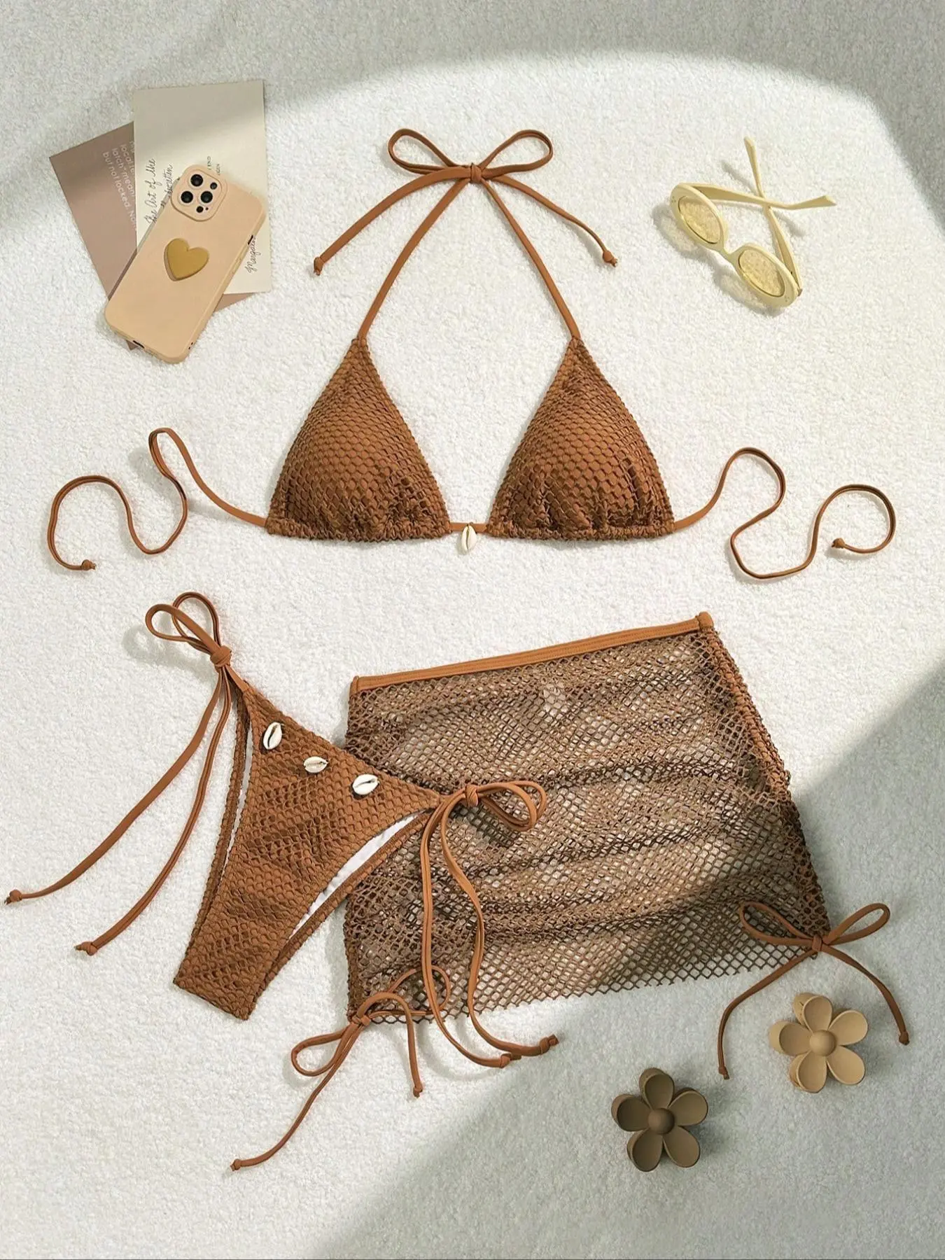 Women's Three-Piece Bikini Set, Bathing Suit, Triangle Swim Bra & Swim Panty & Fishnet Cover Up Skirt, Women's Summer Swimwear, Beachwear, Swimsuit, Swimsuit For Beach, Beachwear Swimsuits, Swimwear Sets, Beach Swimwear Clothes